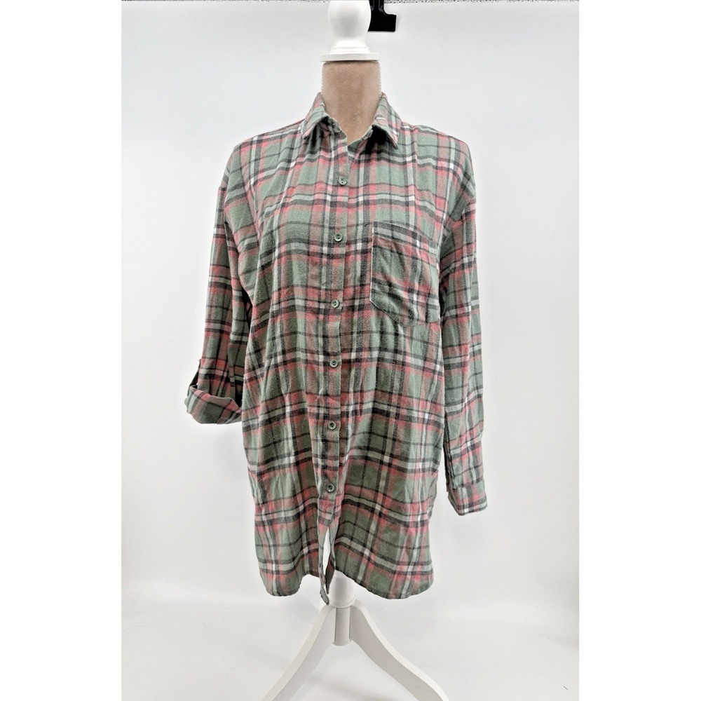 Women's Medium Flannel Plaid Button Down Shirt Pink Green Long Sleeve Roll Tab